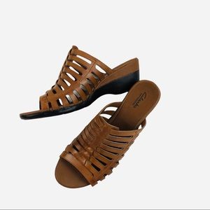 Clark’s Bendables Comfort Slide Leather Cage Wedge Brown Sandals Sz 10